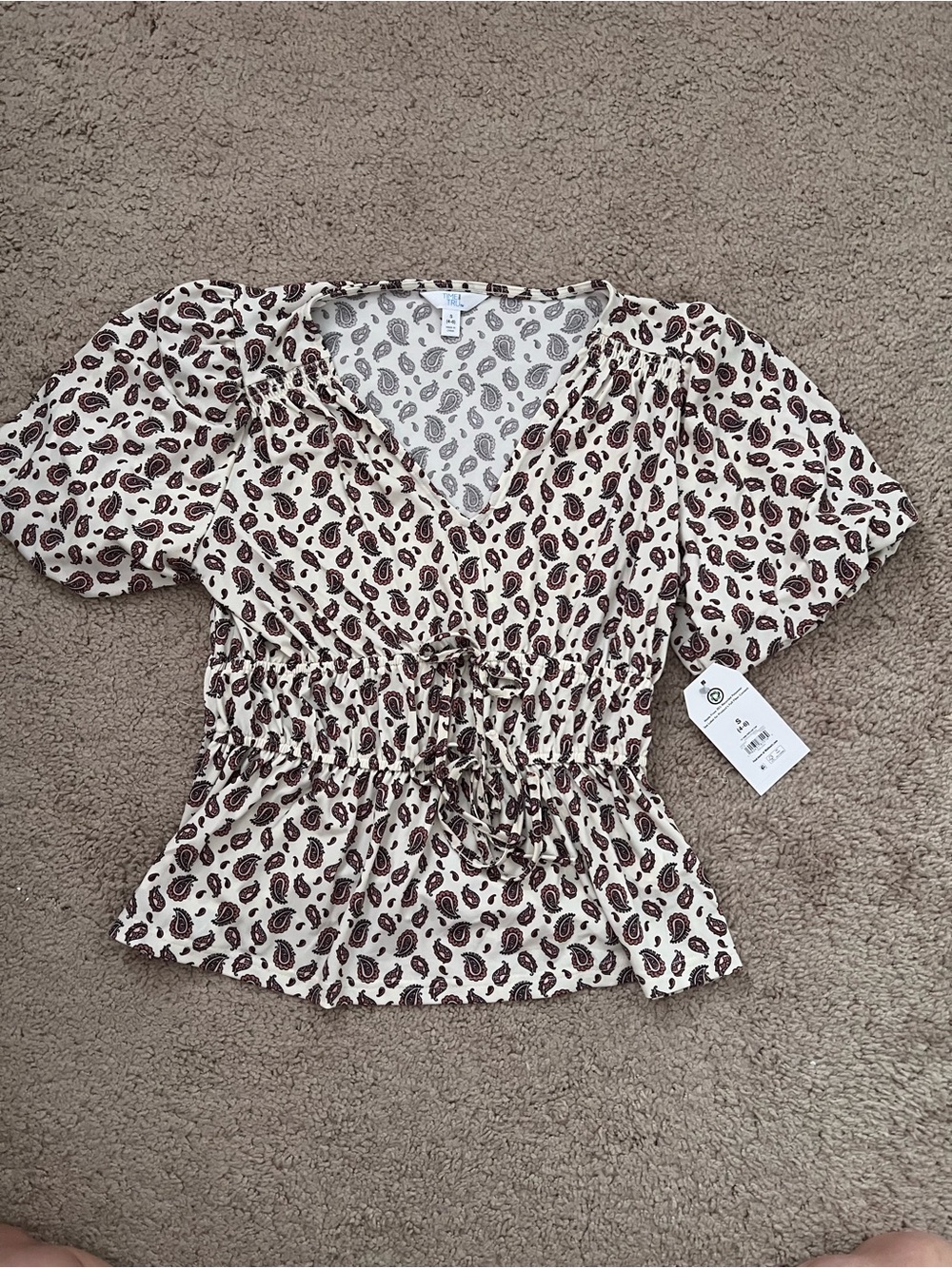 Time and Tru Cream Paisley V-Neck Peplum Top with Drawstring